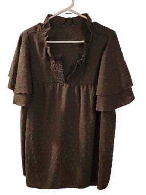 SHEIN Green Textured V-Neck Ruffle Sleeve Blouse